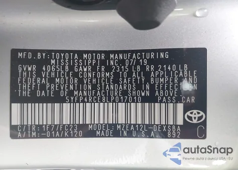 2020 Toyota Corolla Se from USA, damaged, VIN 5YFP4RCE8LP017010